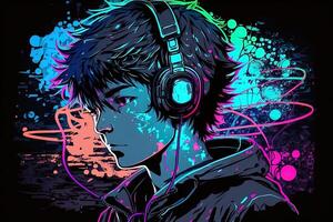 generativ ai ein Neon- Spieler Anime Mode Junge oder Mann tragen Kopfhörer, hat verloren im seine Musik. abstrakt Hintergrund Das weckt das Gefühl von anders Genres von Musik. Banner Musik- Konzept foto