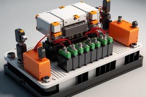 Innere von Industrie Fabrik, Roboter Versammlung Linie mit elektrisch Auto Batterie Zellen Modul auf Plattform. generativ ai foto