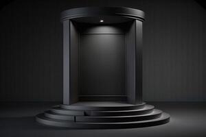 generativ ai schwarz Hintergrund und Produkt Podium Stand Studio. elegant schwarz Würfel Stand zum Produkt Platzierung Attrappe, Lehrmodell, Simulation. minimal Box Plattform Ausstellungsraum mit Stelle Licht. foto