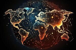 global Karte von das Welt, das Erde Kommunikation Technologien mit Internet Wirkung. futuristisch modern generativ ai foto