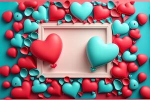 Valentinstag Rahmen und Banner. Rot, Blau, cyan, Rosa Dekoration. eben legen, romantisch. Liebe und Valentinstag Tag Konzept. generativ ai foto