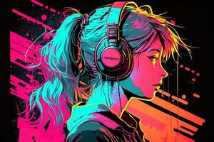 generativ ai ein Neon- Spieler Anime Mode Mädchen oder Frau tragen Kopfhörer, hat verloren im ihr Musik. abstrakt Hintergrund Das weckt das Gefühl von anders Genres von Musik. Banner Musik- Konzept foto