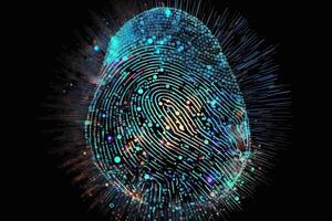 Foto von holographisch Fingerabdruck Sicherheit im das Digital Alter, schützen groß Daten mit ai Technologie generativ ai. Fingerabdruck integriert im ein gedruckt Schaltkreis, loslassen binär Codes.
