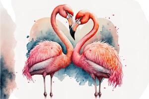 generativ ai süß kawaii Paar Flamingos küssen Valentinstag Tag. Liebe Karte Rosa Flamingo im Liebe küssen auf Weiß Hintergrund. Valentinstag Konzept foto