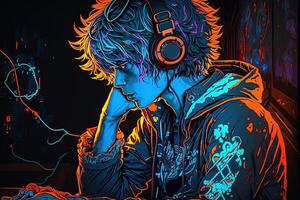 generativ ai ein Neon- Spieler Anime Mode Junge oder Mann tragen Kopfhörer, hat verloren im seine Musik. abstrakt Hintergrund Das weckt das Gefühl von anders Genres von Musik. Banner Musik- Konzept foto