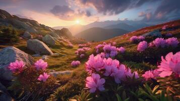 Rosa Blumen im Berg. Illustration ai generativ foto