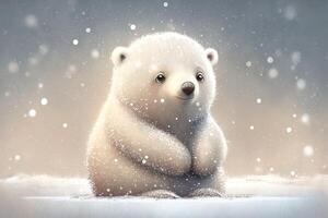 süß Polar- Bär Baby Karikatur traumhaft im Schnee, Winter, generativ ai. Tier und Landschaft Konzept. foto