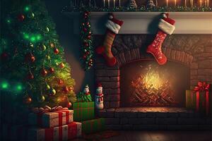 schön Urlaub dekoriert Zimmer mit Weihnachten Baum, Kamin und mit die Geschenke. gemütlich Winter Szene. warm Farbe Dekor Innere. Kamin mit Weihnachten Strümpfe, generativ ai foto