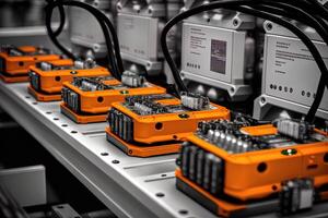 Innere von Industrie Fabrik, Roboter Versammlung Linie mit elektrisch Auto Batterie Zellen Modul auf Plattform. generativ ai foto