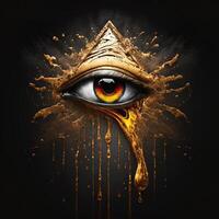 generativ ai das golden Auge von Horus mit golden bewirken auf schwarz Hintergrund, Darstellung von das Solar- Auge oder das Auge von Ra, Symbol von das uralt ägyptisch Gott von das Sonne foto