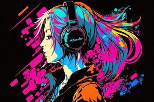 generativ ai ein Neon- Spieler Anime Mode Mädchen oder Frau tragen Kopfhörer, hat verloren im ihr Musik. abstrakt Hintergrund Das weckt das Gefühl von anders Genres von Musik. Banner Musik- Konzept foto