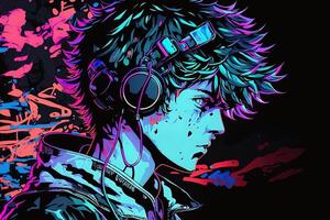 generativ ai ein Neon- Spieler Anime Mode Junge oder Mann tragen Kopfhörer, hat verloren im seine Musik. abstrakt Hintergrund Das weckt das Gefühl von anders Genres von Musik. Banner Musik- Konzept foto