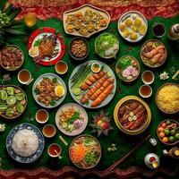 oben Aussicht von Tabelle Abendessen Vietnamesisch. Knolling Fotografie von Familie Abendessen Neu Jahr , beschwingt. Vietnamesisch traditionell Mahlzeit im Land Seite. eben legen. foto