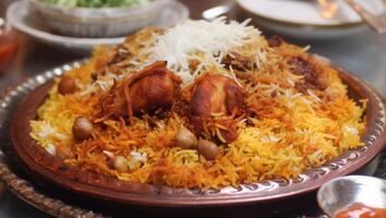 ein Teller von Biryani mit ein Bündel von Essen auf Es, ai generativ foto