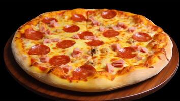 ein Pizza mit Peperoni auf Es, ai generativ foto