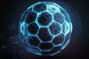 glühend Blau Fußball Ball im das Ziel. niedrig Polygon, Partikel, und Dreieck Stil design.wireframe Licht Verbindung Struktur.Ziel Rahmen Konzept ai generiert foto