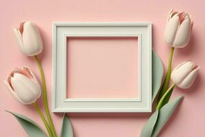 Rosa Tulpe und Weiß Rahmen auf Pastell- Hintergrund. eben legen ,Spitze Ansicht, glücklich Damen Tag Konzept ai generiert foto