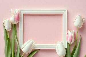 Rosa Tulpe und Weiß Rahmen auf Pastell- Hintergrund. eben legen ,Spitze Ansicht, glücklich Damen Tag Konzept ai generiert foto