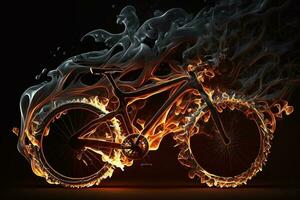Sport. Verbrennung Fahrrad im Silhouetten auf Balck Hintergrund.feuer und Energie ai generiert foto