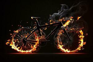 Sport. Verbrennung Fahrrad im Silhouetten auf Balck Hintergrund.feuer und Energie ai generiert foto