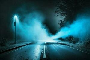 Asphalt Blau dunkel Straße mit Rauch. leeren dunkel Szene mit Neon- Lichtstrahlen, Scheinwerfer Licht ai generiert foto