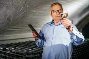 Porträt von Senior Mann Wer besitzt Weingut. er ist Prüfung Qualität im seine Wein Keller. Industrie Wein Herstellung Konzept. foto