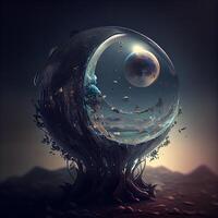 Fantasie Außerirdischer Planet im ein surreal Raum. 3d Illustration., ai generativ Bild foto