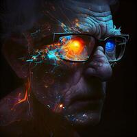 Porträt von ein alt Mann mit Brille und ein Verbrennung Auge., ai generativ Bild foto
