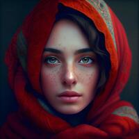 Nahansicht Porträt von ein schön Mädchen mit rot Schal, ai generativ Bild foto