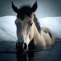 Pferd im das Wasser. Winter Landschaft. getönt Bild., ai generativ Bild foto