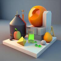 3d Illustration von modern abstrakt Komposition mit geometrisch Formen und Früchte., ai generativ Bild foto