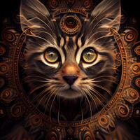 Porträt von ein Katze mit Ornament auf das Hintergrund. Tierkreis., ai generativ Bild foto