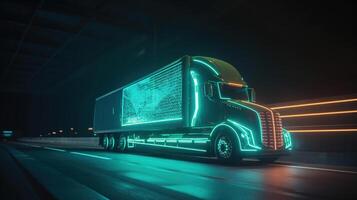 autonom halb LKW mit Ladung Anhänger fährt beim Nacht auf das Straße mit Sensoren Scannen Umgebung. Besondere Auswirkungen von selbst Fahren LKW Digitalisierung Autobahn, generativ ai foto