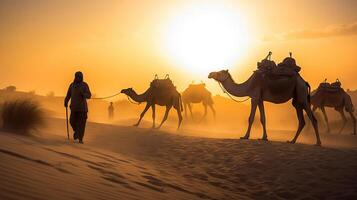 indisch Kameltreiber Beduine mit Kamel Silhouetten im Sand Dünen von thar Wüste auf Sonnenuntergang. Wohnwagen im Rajasthan Reise Tourismus Hintergrund Safari Abenteuer. Jaisalmer, Rajasthan, Indien, generativ ai foto