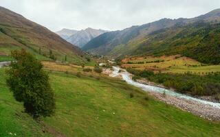 dramatisch Panorama- Aussicht von tolle Berg stürmisch Khares Fluss im Norden Ossetien. genial Hochland Landschaft mit schön Gletscher Streams unter regnerisch Hügel und Felsen. Kaukasus Berge foto