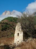 mittelalterlich Turm Komplex egikal, einer von das größten mittelalterlich Schlosstyp Turm Dörfer, gelegen auf das Extremität von das Berg Angebot im Inguschetien, Russland. alt Familie Krypta. foto