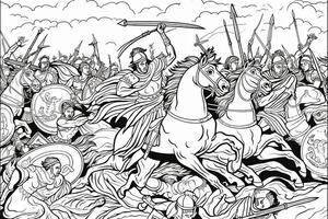 mittelalterlich Schlacht Szene mit Kavallerie und Infanterie. schwarz und Weiß Vektor illustration.coloring Buch page.generative ai foto