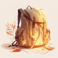 Illustration von ein Rucksack auf das Hintergrund von ein Herbst Landschaft..generativ ai foto