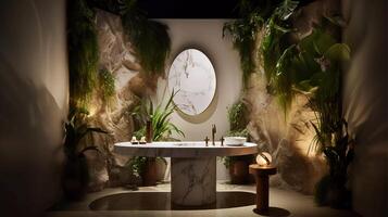 Öko-Luxus Heiligtum elegant Marmor, tropisch Flora organisch Hautpflege, Öko-Luxus Heiligtum Spa Behandlung Zimmer mit elegant Marmor und ein Fülle von tropisch Flora ai generiert foto