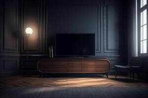 Fernseher auf Kabinett Vorderseite Aussicht im modern Leben Zimmer Nein Schatten hell Studio Beleuchtung Scharf Fokus kompliziert zbrush hoch Kontrast hoch dynamisch Licht höchst detailliert 3d Strahl Rückverfolgung unwirklich Motor. ai generiert foto