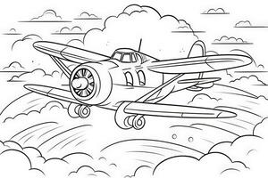 schwarz und Weiß Karikatur Illustration von Jahrgang Flugzeug fliegend im das Himmel zum Färbung Buch.generativ ai foto