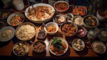 Darmgesund Fermentation Fest verschwenderisch Verbreitung von Probiotikareich fermentiert Lebensmittel, einschließlich Sauerkraut, Kimchi, und Kefir generativ ai foto