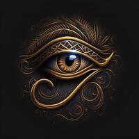 generativ ai das golden Auge von Horus mit golden bewirken auf schwarz Hintergrund, Darstellung von das Solar- Auge oder das Auge von Ra, Symbol von das uralt ägyptisch Gott von das Sonne foto