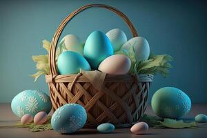 generativ ai Ostern Eier im ein Korb gegen das Hintergrund von ein Blau Zimmer, Pastell- Farben. Frühling Konzept Ostern Eier irisierend Farbe, glänzend und perlig. Illustration foto