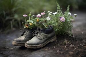 generativ ai, alt Stiefel mit Wiese Frühling Blumen, handgemacht Schuh Pflanzer. Umwelt Aktivismus Konzept foto