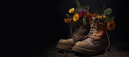 generativ ai, alt Stiefel mit Wiese Frühling Blumen, handgemacht Schuh Pflanzer. Umwelt Aktivismus Konzept foto