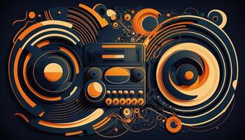 generativ ai Hintergrund Banner Musik- und Klang mit etwas Technologie, Orange und dunkel Blau Farbe.Gold Musik- Anmerkungen und verdreifachen Notenschlüssel auf Linie Welle von Klang Melodie. Illustration Vorlage zum Musik- Festival foto