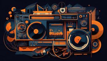 generativ ai Hintergrund Banner Musik- und Klang mit etwas Technologie, Orange und dunkel Blau Farbe.Gold Musik- Anmerkungen und verdreifachen Notenschlüssel auf Linie Welle von Klang Melodie. Illustration Vorlage zum Musik- Festival foto