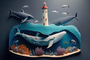 generativ ai ein oben Aussicht Papier Kunst von Leuchttürme und Wale auf das Meer, sonnig. perfekt zum Ihre Projekt, Textur, blog, geschenk Papier, Verpackung und Umfeld. foto