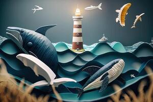 generativ ai ein oben Aussicht Papier Kunst von Leuchttürme und Wale auf das Meer, sonnig. perfekt zum Ihre Projekt, Textur, blog, geschenk Papier, Verpackung und Umfeld. foto